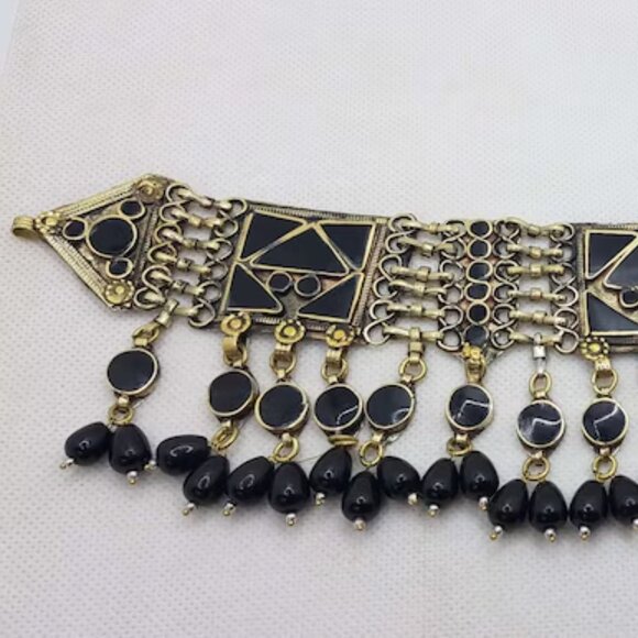 Afghan Choker Necklace With Dangling Beads, Afghan Kuchi Glass Stones Necklace, - Picture 2 of 5